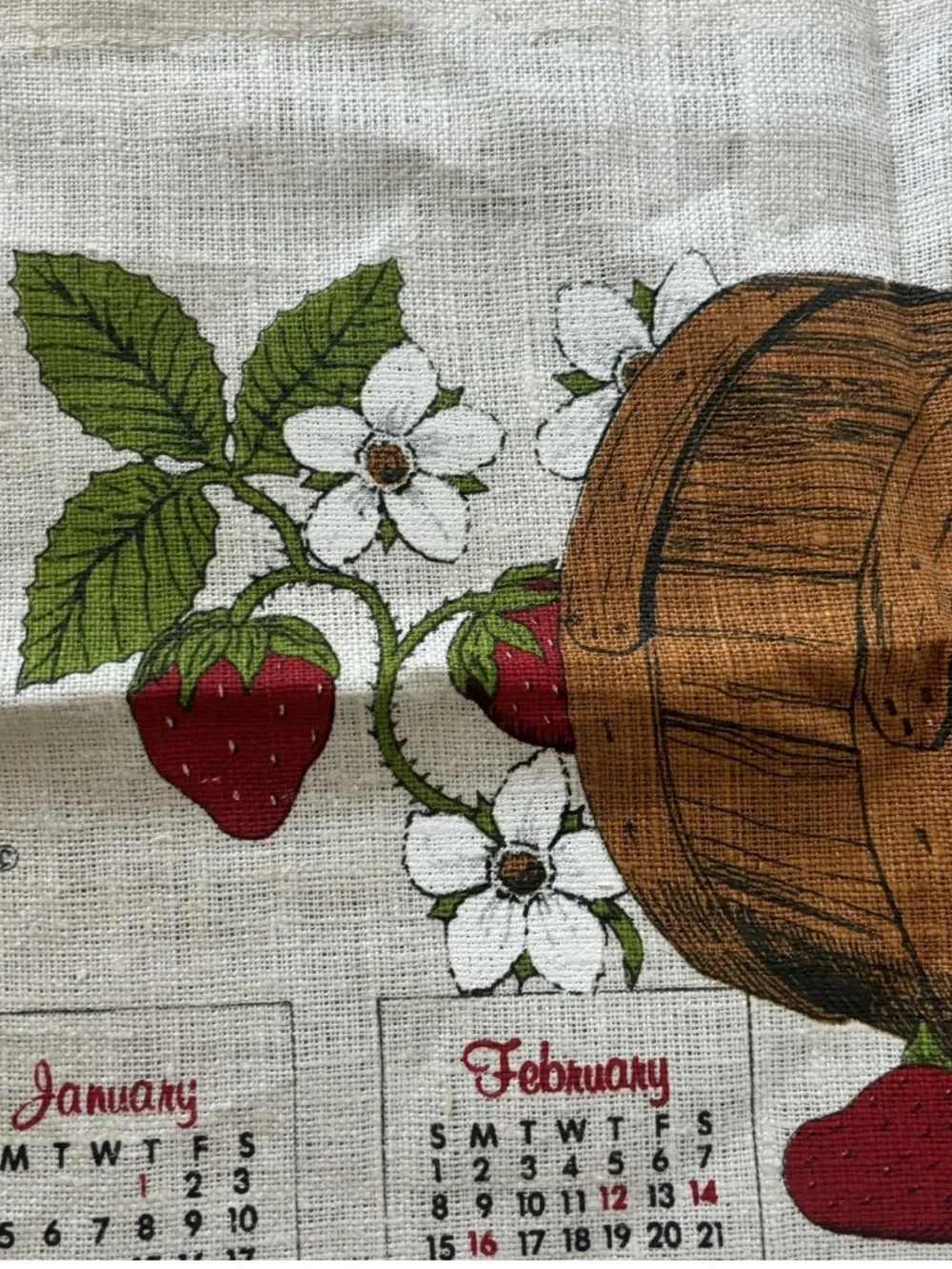 Vintage 1981 Strawberry Kitchen Calendar Tea Towel - Red 22”x16”